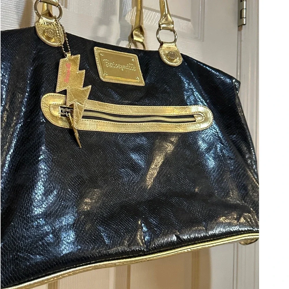 Betseyville Betsey Johnson Black Gold Snake Embossed Lightning Bolt Satchel Bag